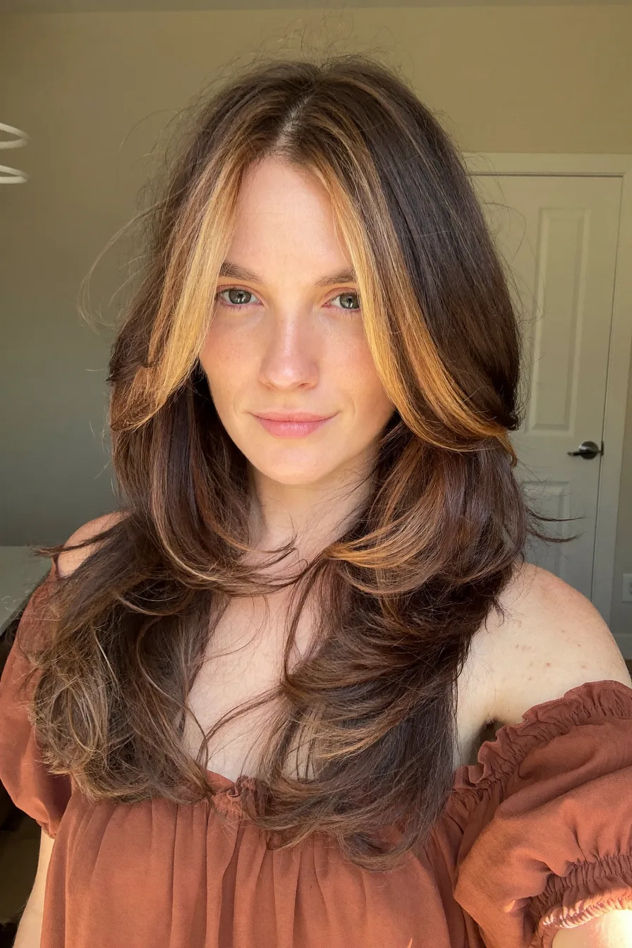 Face-Framing Balayage Brunette Wavy Long Layered Haircut with Dimension