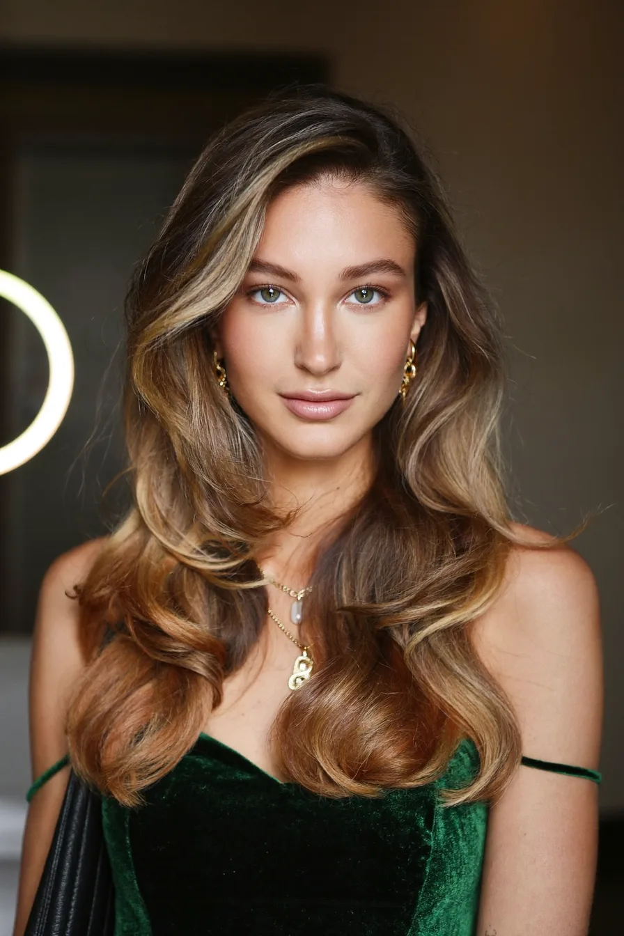 Chic Wavy Balayage Brunette Long Layered Hairstyle for Effortless Glam
