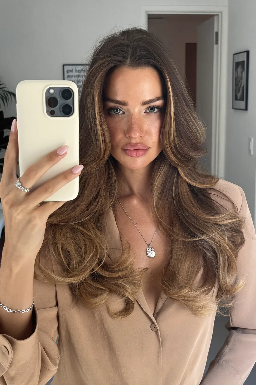 Voluminous Wavy Balayage Brunette Long Layered Hairstyle for Effortless Glam