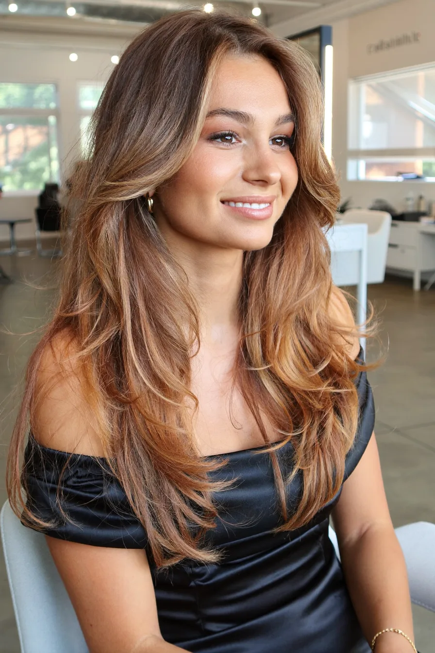 Caramel Brown Wavy Long Layered Hair with Face-Framing Pieces