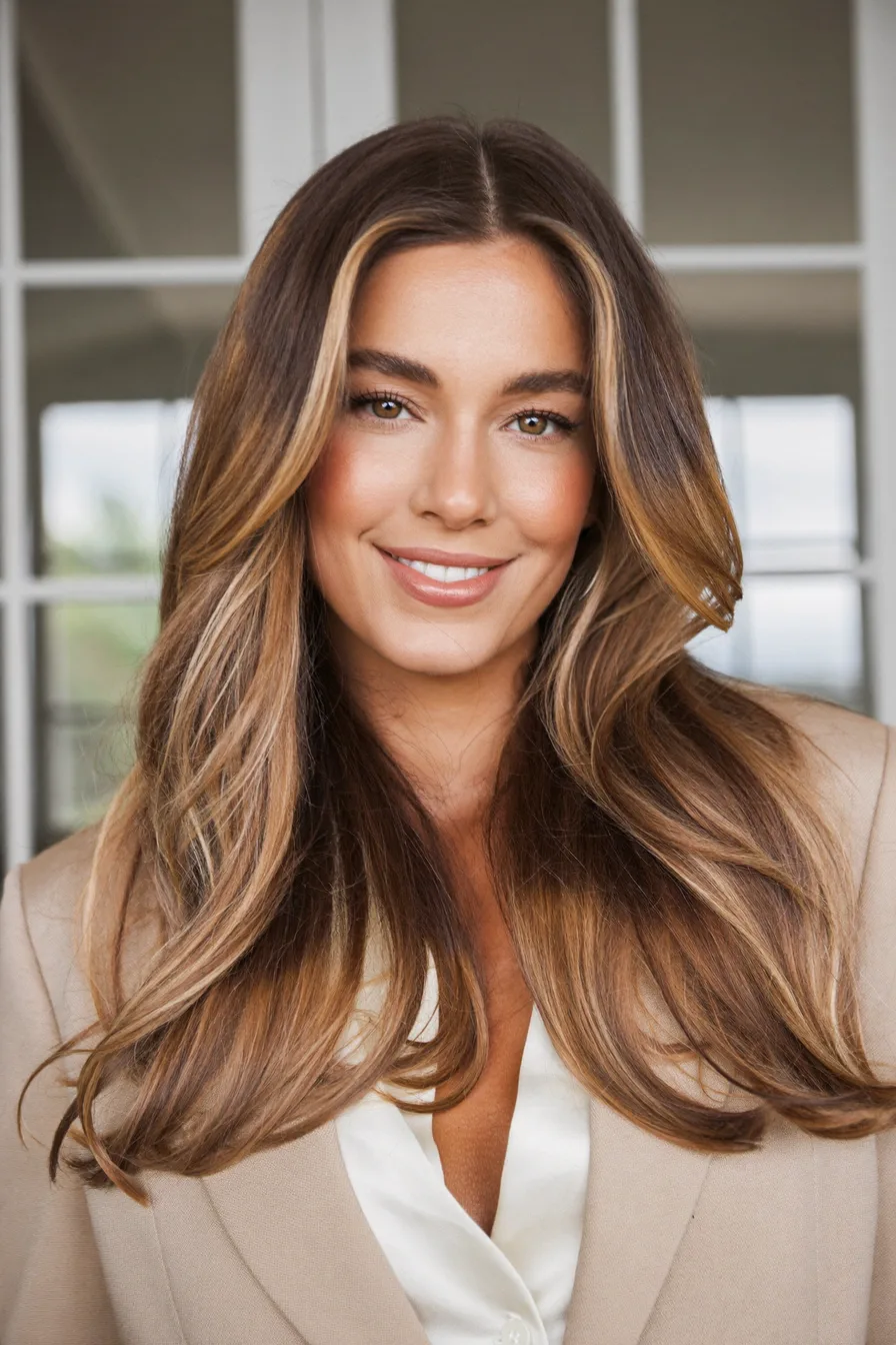 Caramel Brown Wavy Long Layered Hair with Face-Framing Highlights