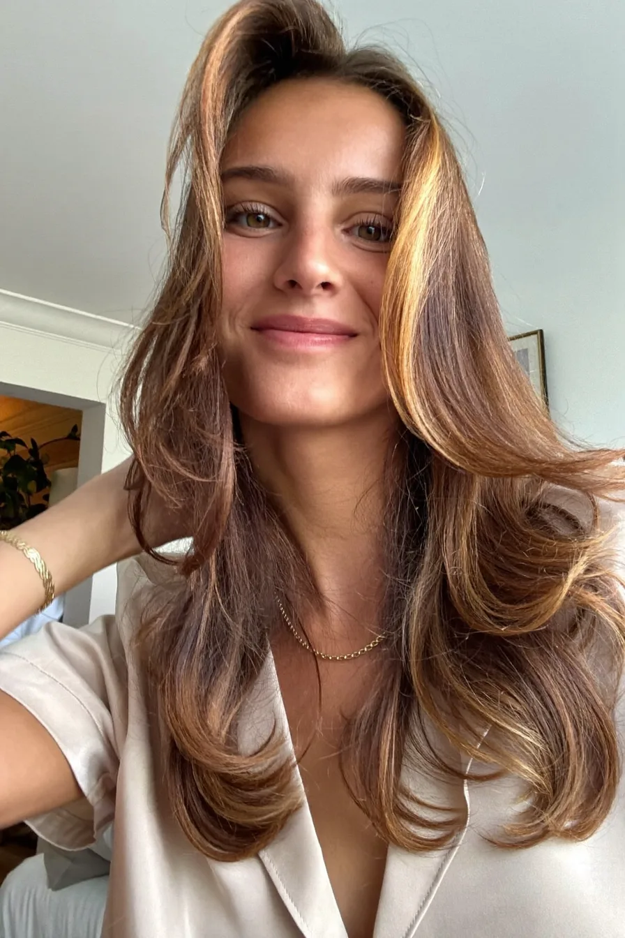 Voluminous Caramel Brown Wavy Long Layered Cut for Effortless Glam