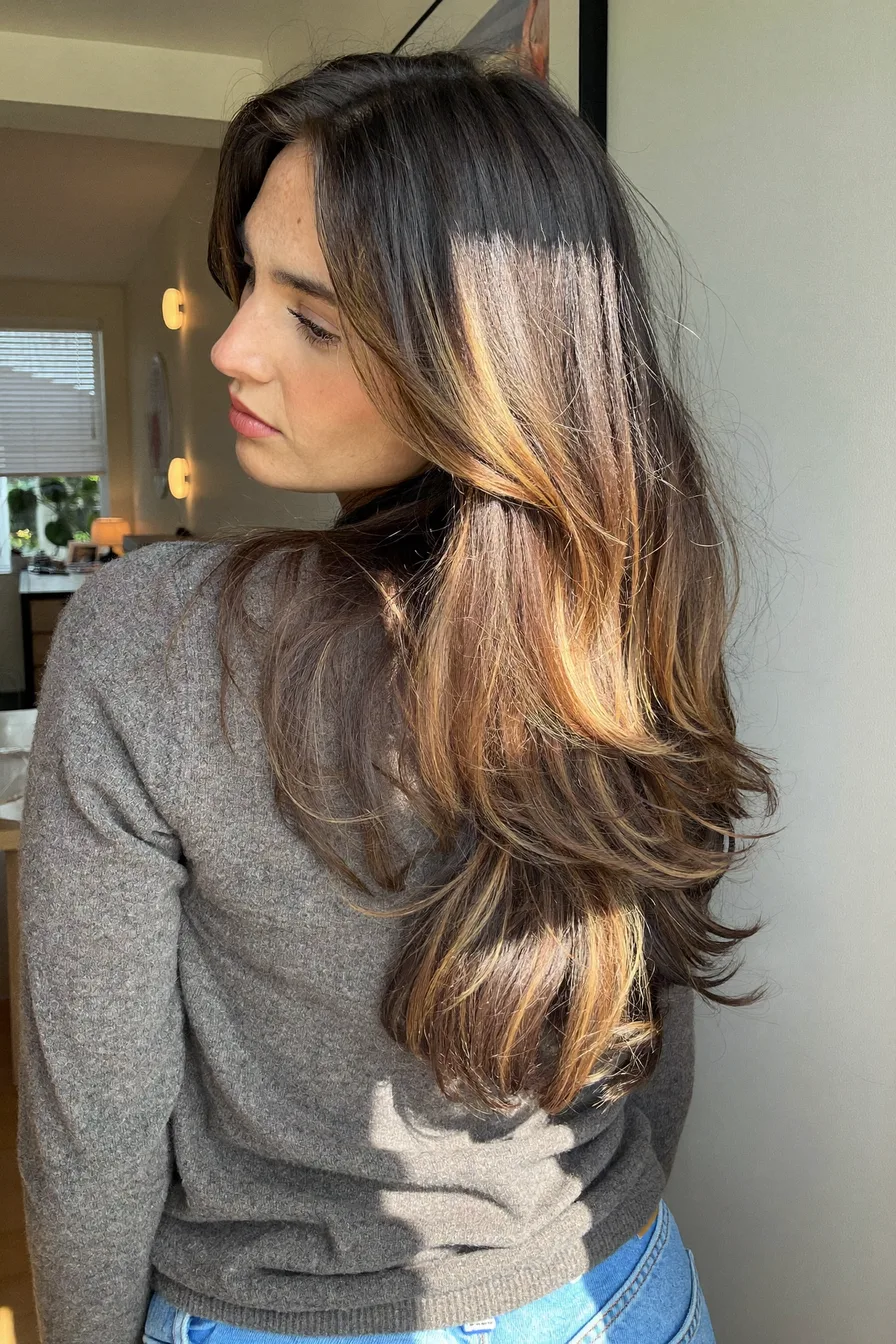 Face-Framing Caramel Brown Wavy Long Layered Haircut Shine