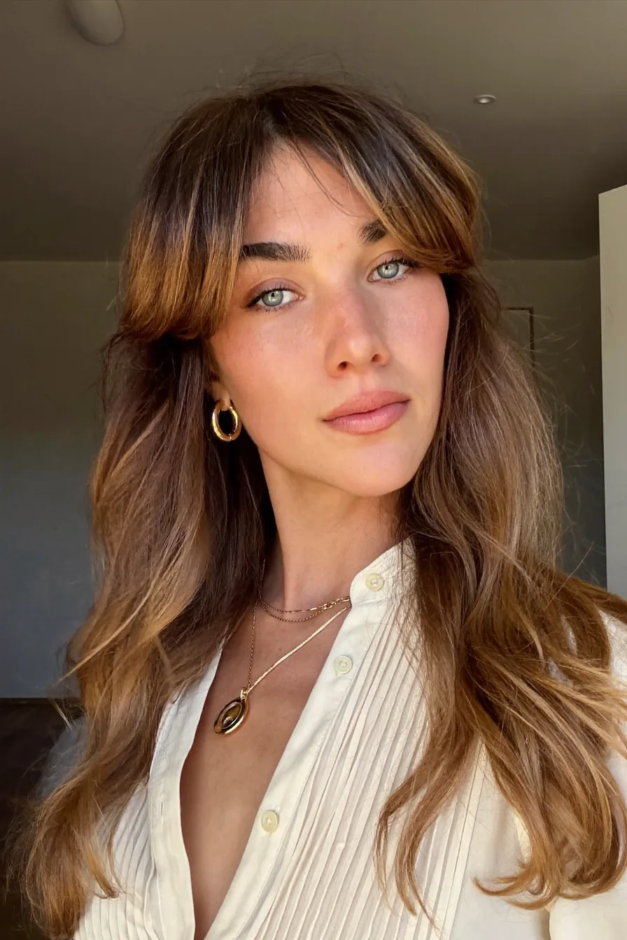 Caramel Brown Wavy Long Layered Haircut with Curtain Bangs