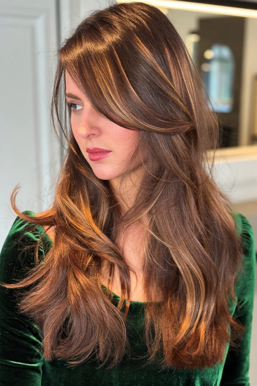 Caramel Brown Wavy Long Layered Haircut With Soft Face-Framing Layers