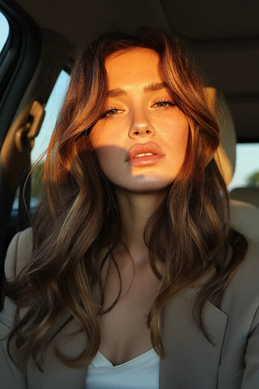 Polished Chestnut Brown Wavy Long Layered Haircut With Soft Volume