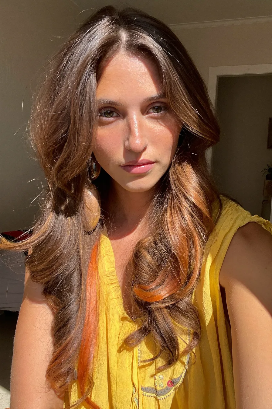 Face-Framing Chestnut Brown Wavy Long Layered Haircut with Movement