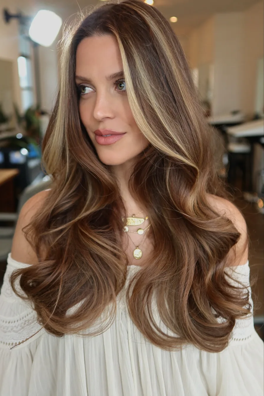 Voluminous Chestnut Brown Wavy Long Layered Haircut with Face-Framing Highlights