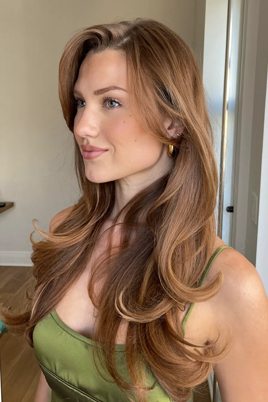 Glamorous Wavy Chestnut Brown Long Layered Haircut With Face-Framing Layers