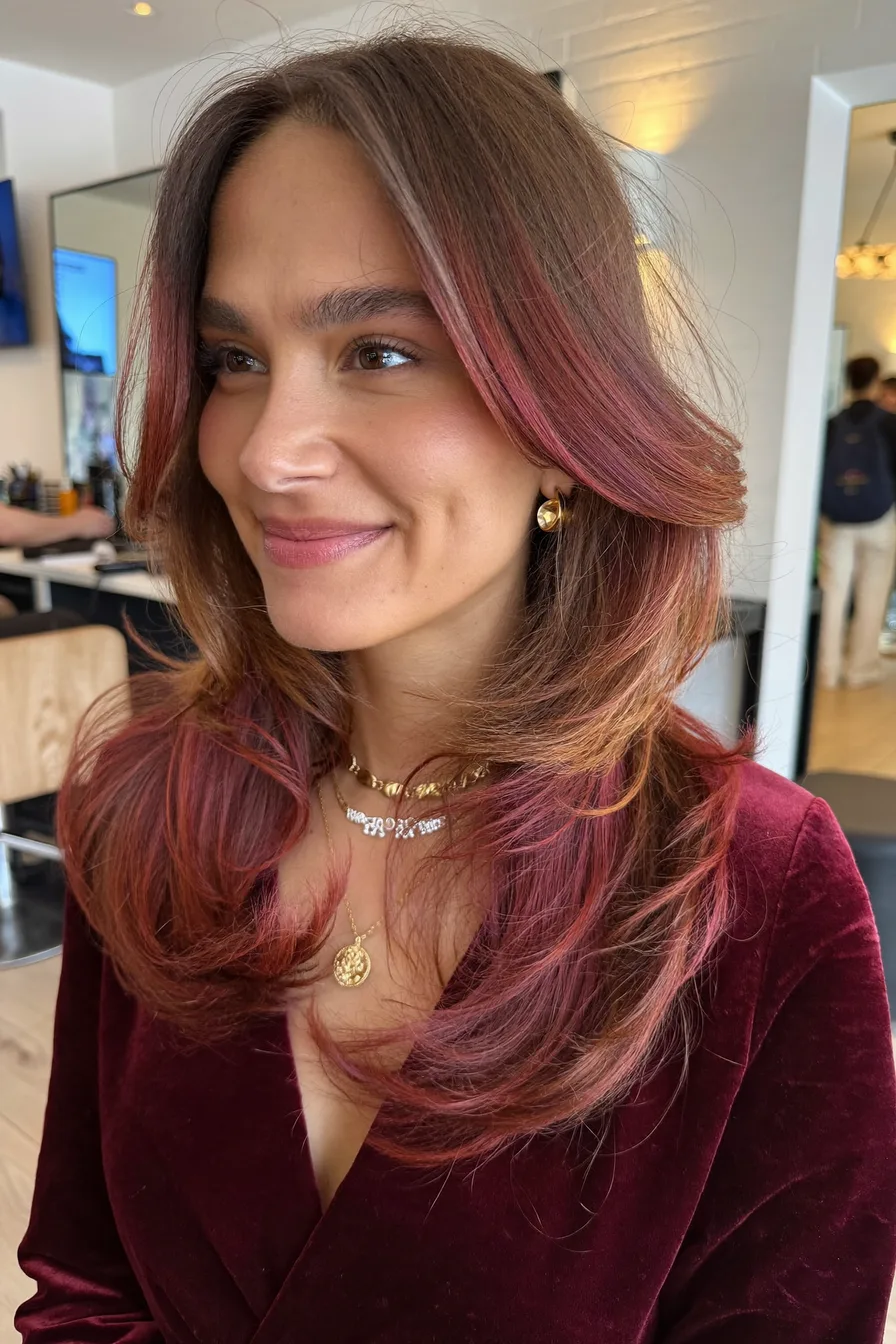 Chestnut Brown Wavy Long Layered Haircut With Face-Framing Volume