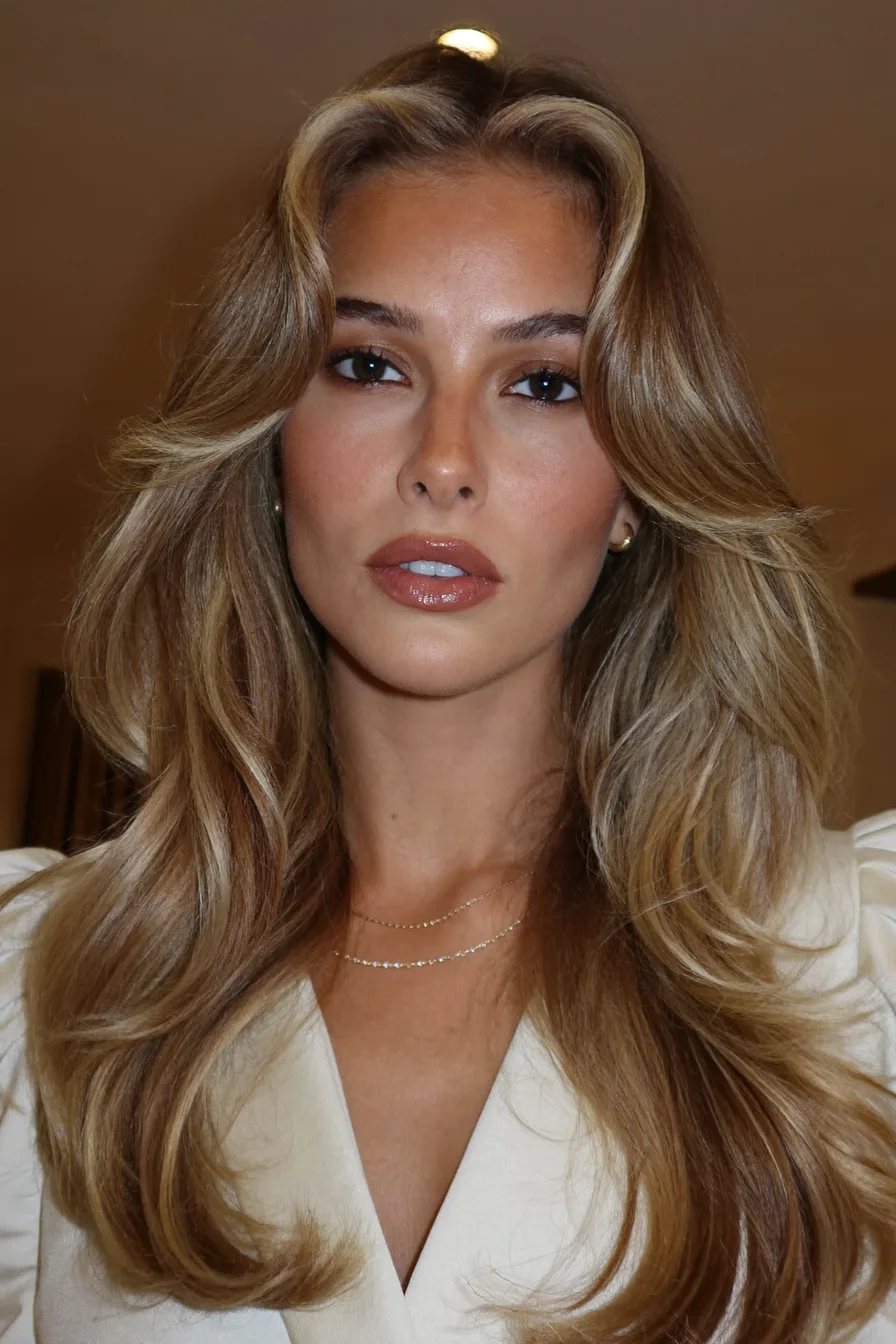 Voluminous Wavy Honey Blonde Long Layered Hairstyle with Face-Framing Layers