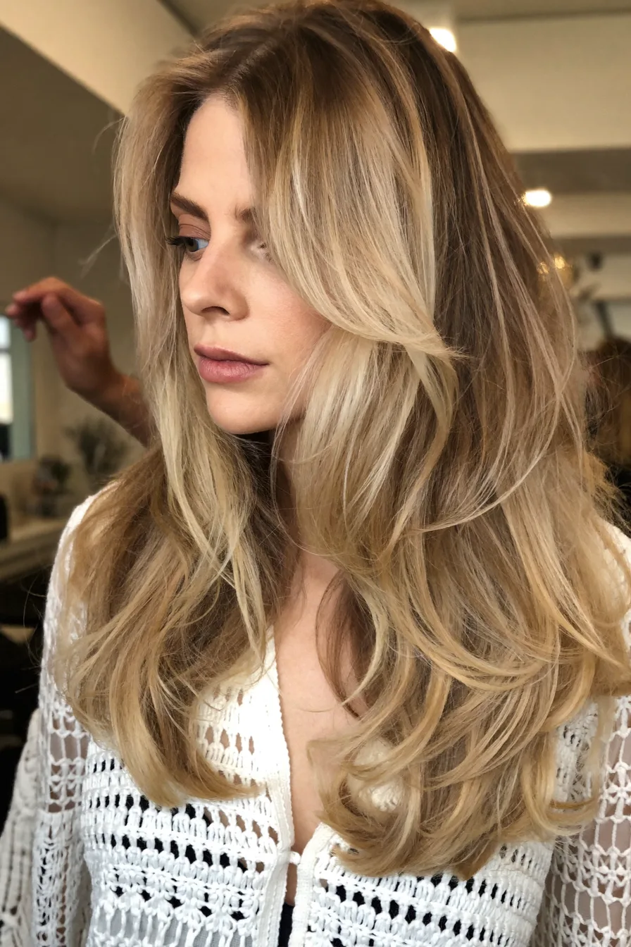 Honey Blonde Wavy Long Layered Cut with Feathered Face-Framing Layers