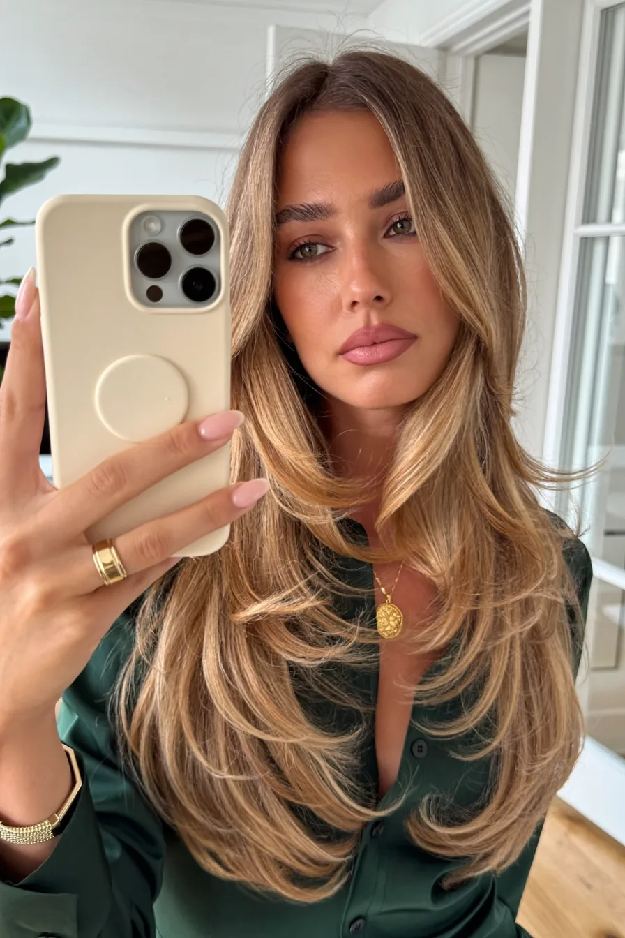 Face-Framing Honey Blonde Wavy Long Layered Haircut for Sophisticated Volume