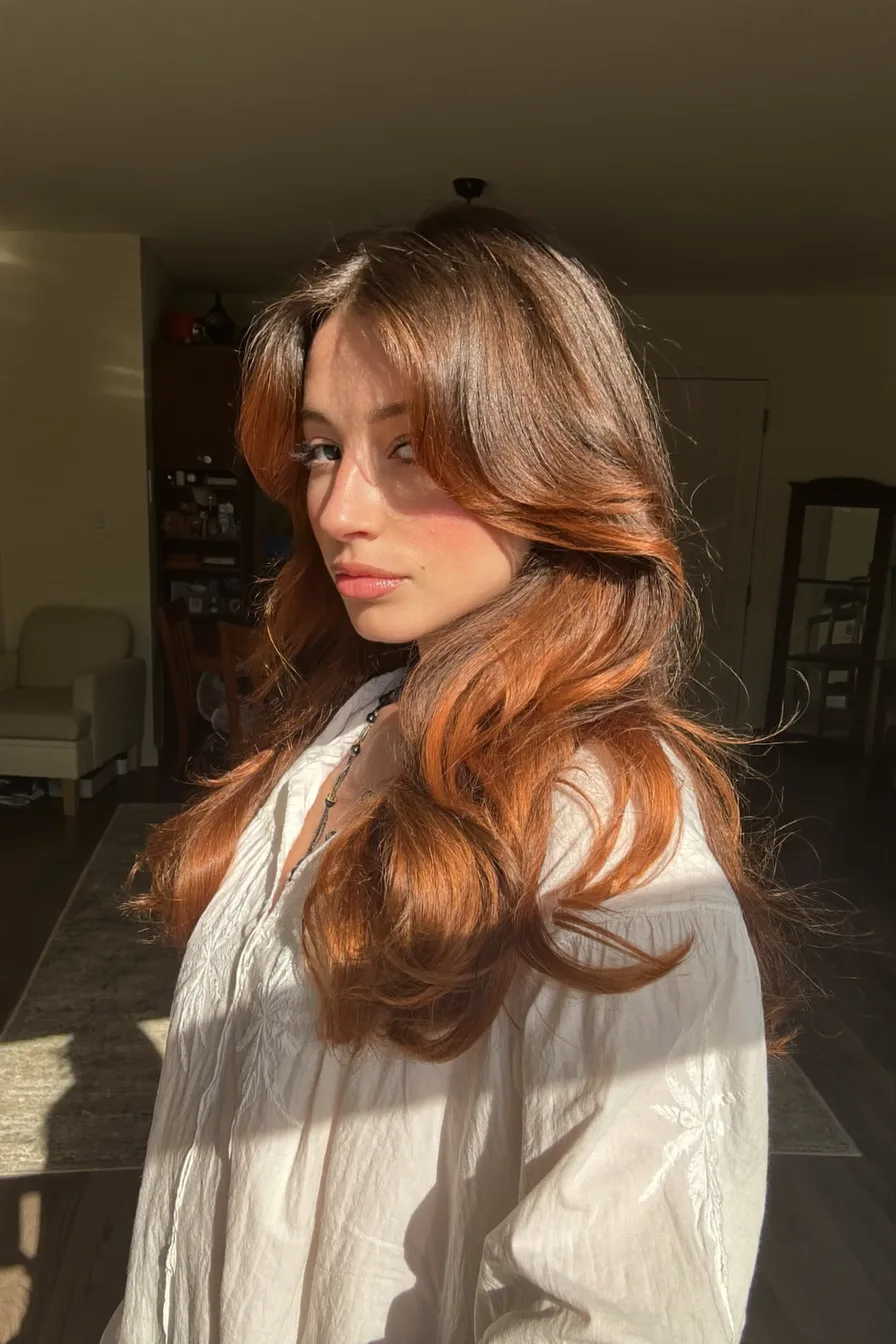 Glossy Face-Framing Wavy Long Layered Haircut with Volume