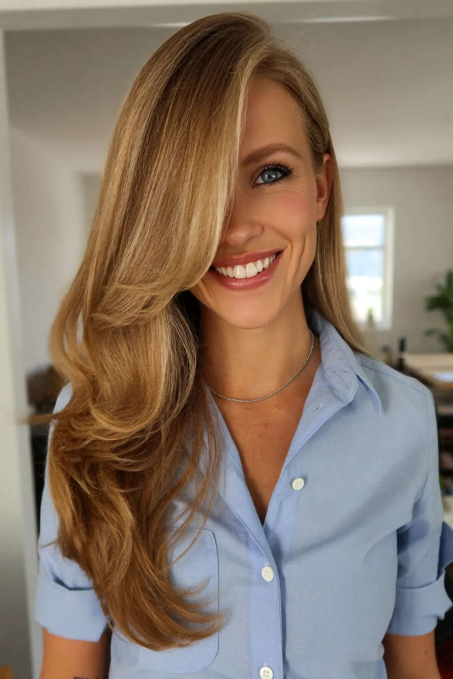 Classic Side-Swept Wavy Long Layered Haircut for Volume and Movement