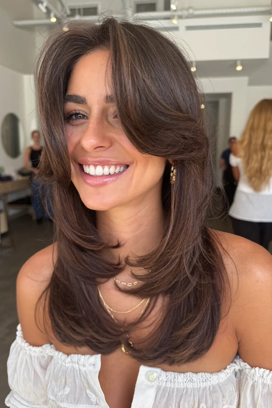 Effortlessly Chic Wavy Long Layered Haircut with Face-Framing Layers
