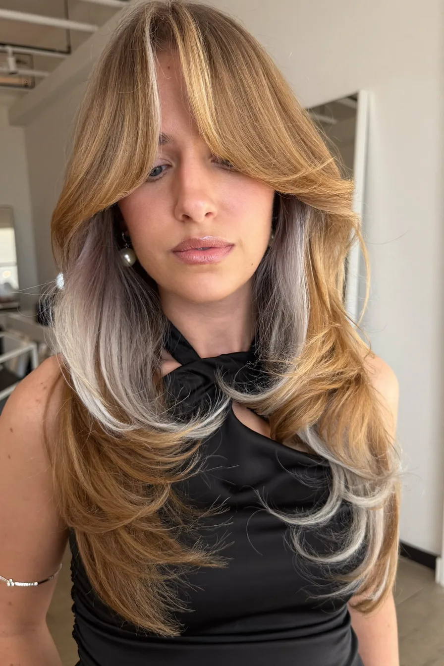Dimensional Wavy Long Layered Haircut with Curtain Bangs Shine