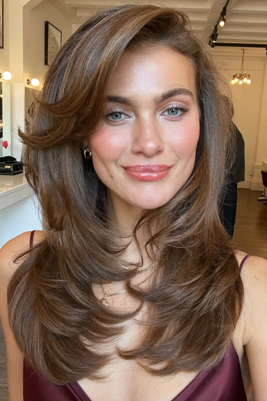 Voluminous Feathered Wavy Long Layered Haircut for Effortless Glam