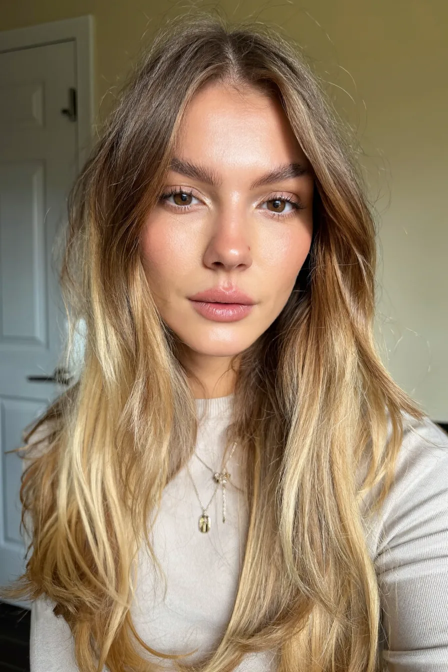 Effortlessly Tousled Wavy Long Layered Hair With Center Part